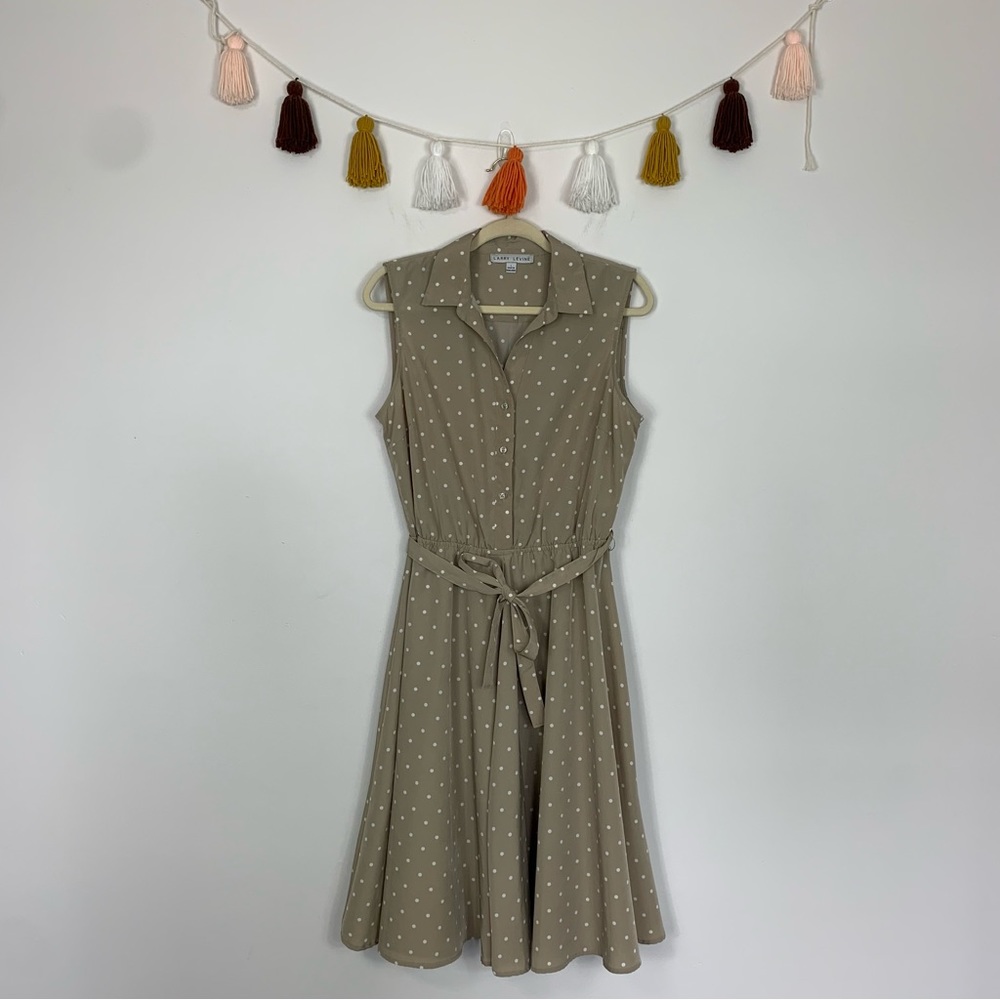 Larry Levine Fit & Flare Tan White Polka Dot Midi Dress Large